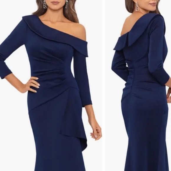 XSCAPE Elegant One-Shoulder Dark Navy Blue Gown NWT Sz 14 - Picture 1 of 6
